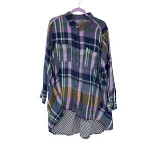 Melissa McCarthy Seven7 Womens 2X Gauze Cotton Button Up Shirt Colorful Plaid